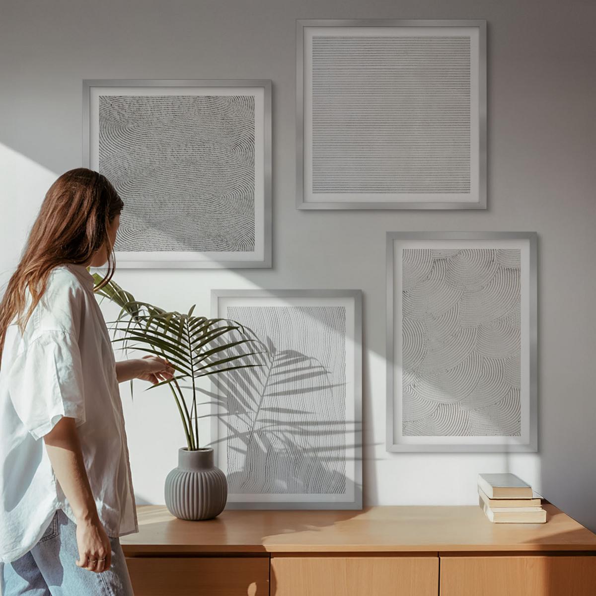 BILDER SET 4er Set - 50x50 cm & 40x60 cm Silberner Rahmen - Sandmuster geometrische Strukturen - Silberfarben, Kunststoff (50/50cm) - TULUP