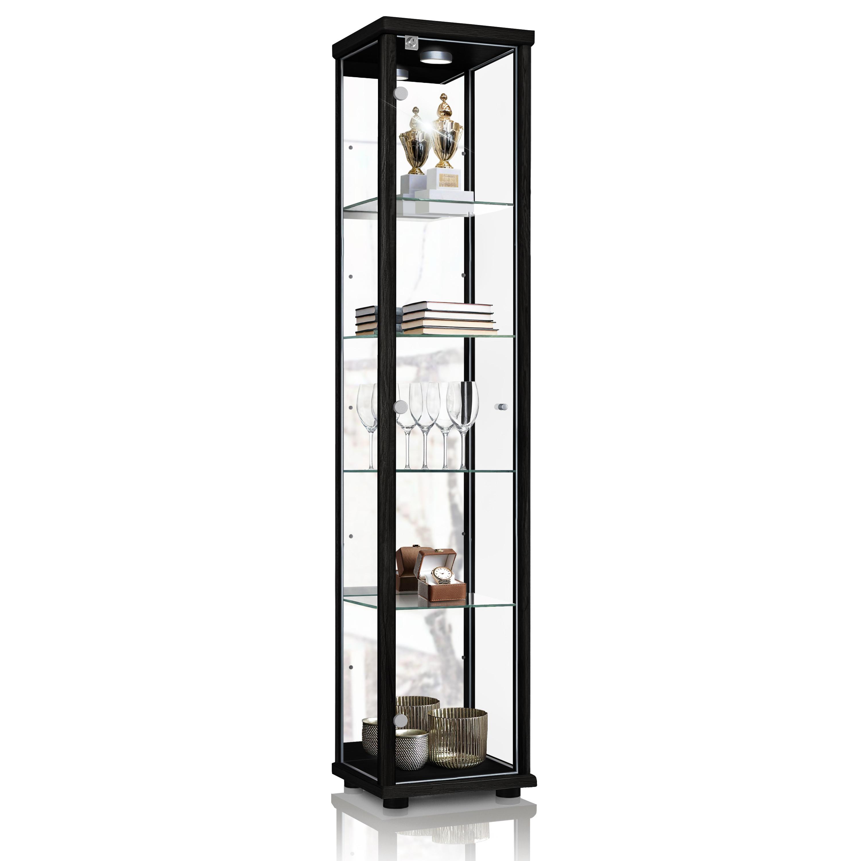 GLASVITRINE 33/37/176 cm mit Spiegel, LED, Schloss & 4 höhenverstellbaren Glasböden - Transparent/Silberfarben, Glas/Holzwerkstoff (37/176/33cm) - K-Möbel