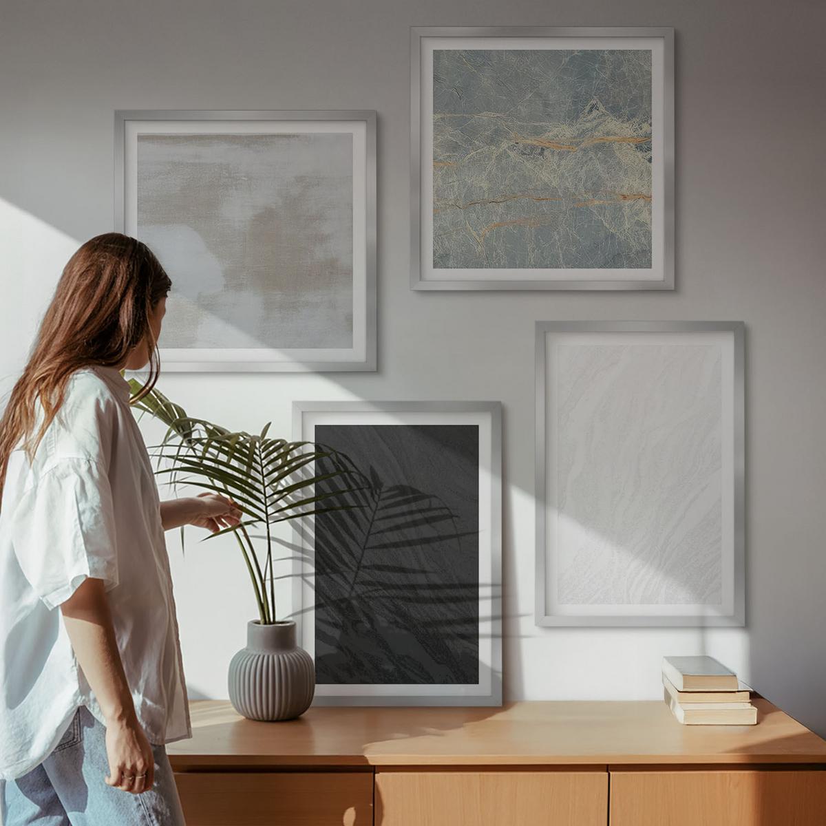 BILDER SET 4er Set - 50x50 cm & 40x60 cm Silberner Rahmen - Steintexturen - Silberfarben, Kunststoff (50/50cm) - TULUP