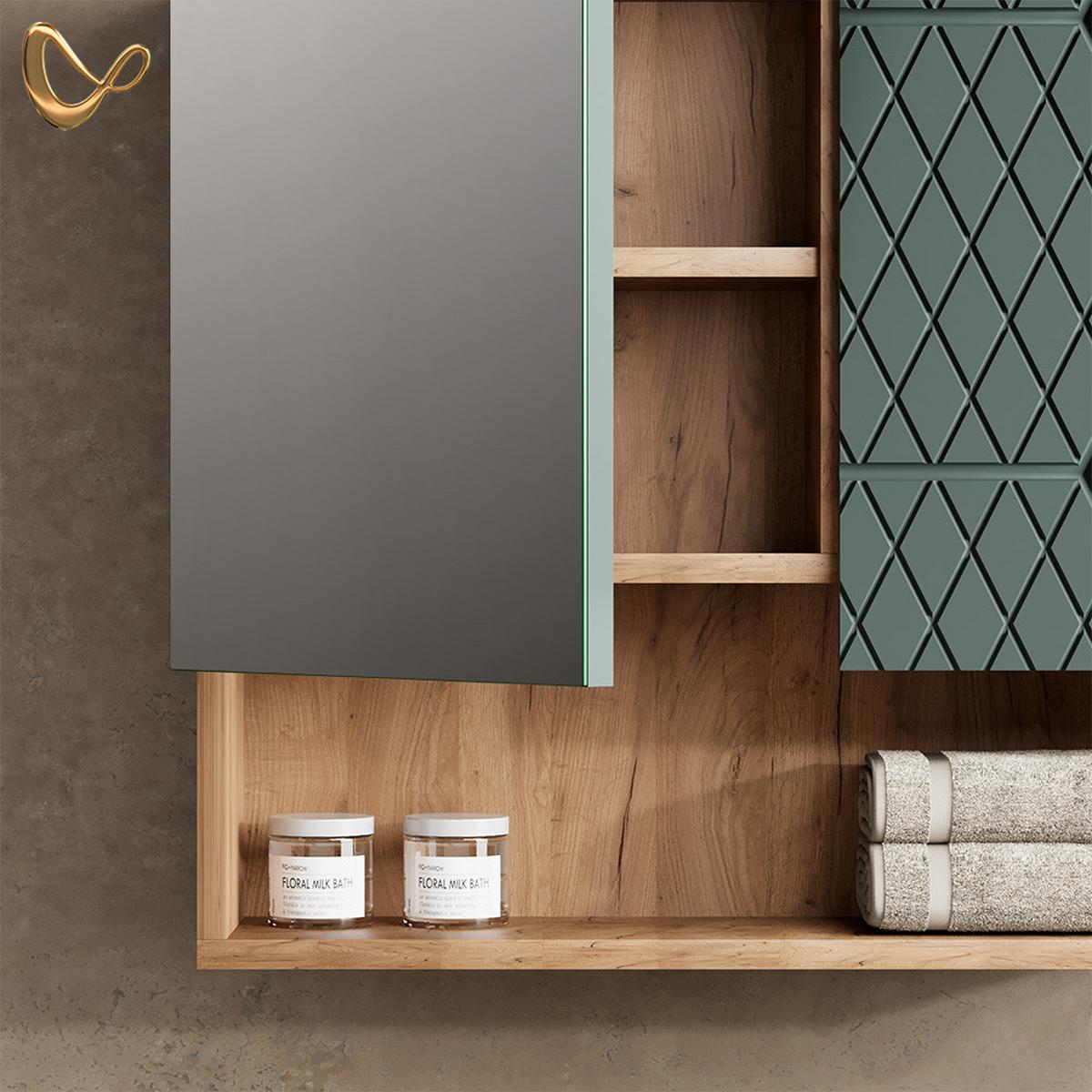 BADSPIEGELSCHRANK Ronco Grün/Goldkraft Eiche 54 x 55 cm - Honigeiche/Grün, Holzwerkstoff (54/55/17cm) - Livinity®