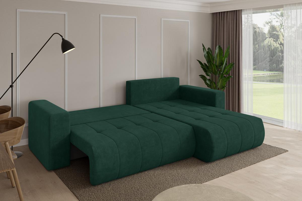 ECKSOFA mit Schlaffunktion Ottomane Rechts MILA-L 277x194x86 Grün Velours - Schwarz/Grün, Holzwerkstoff/Kunststoff (277/194cm) - ALTDECOR