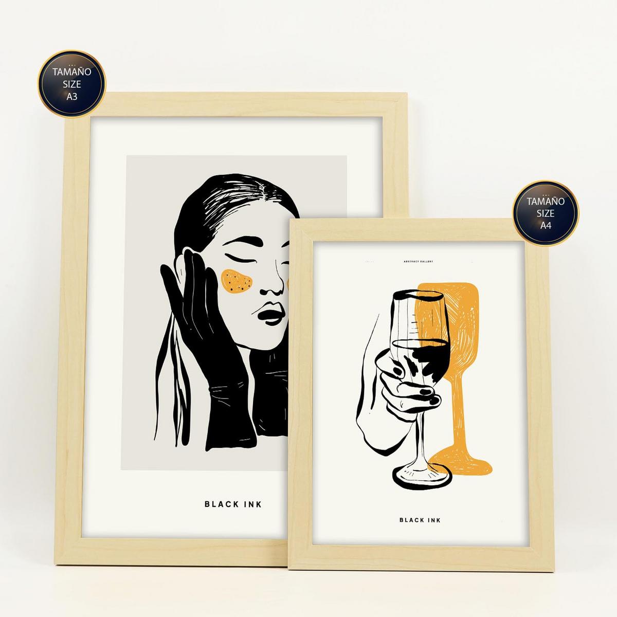 POSTER Set Mit 6 In Schwarzer Tinte Anspruchsvoll Künstlerische Und Abstrakte Drucke Für Innenarchitektur A3 & A4 Rahmen Aus Hellem Holz - Beige, Papier (29/3cm) - Nacnic