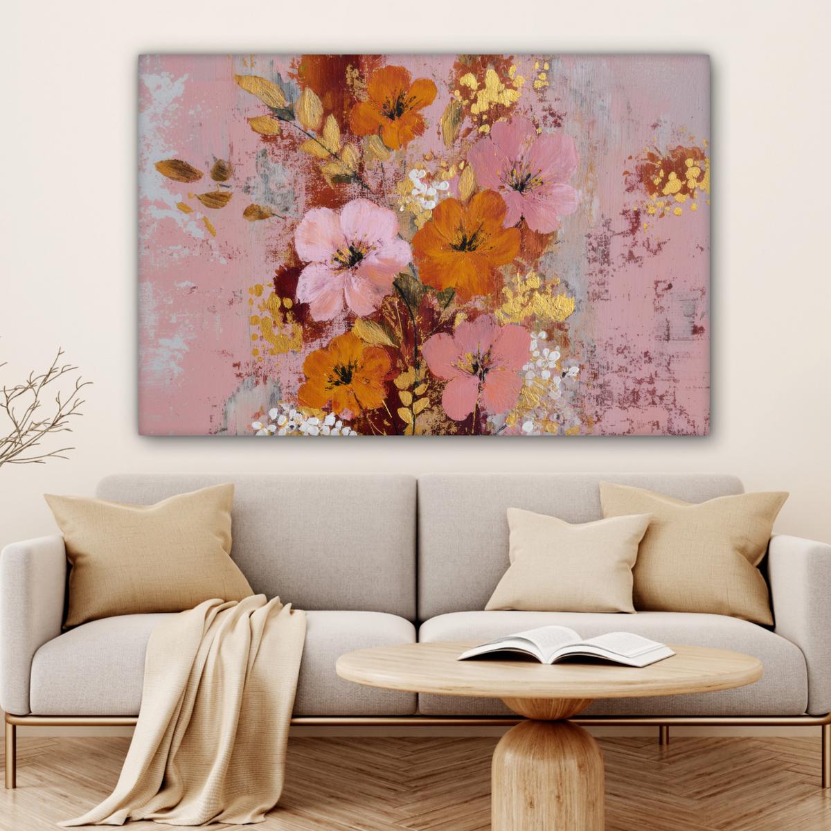 LEINWANDBILD Malerei - Blumen - Rustikal - Rosa Wohnzimmer Groß 120x80 cm - Altrosa, Textil (120/80cm) - MuchoWow