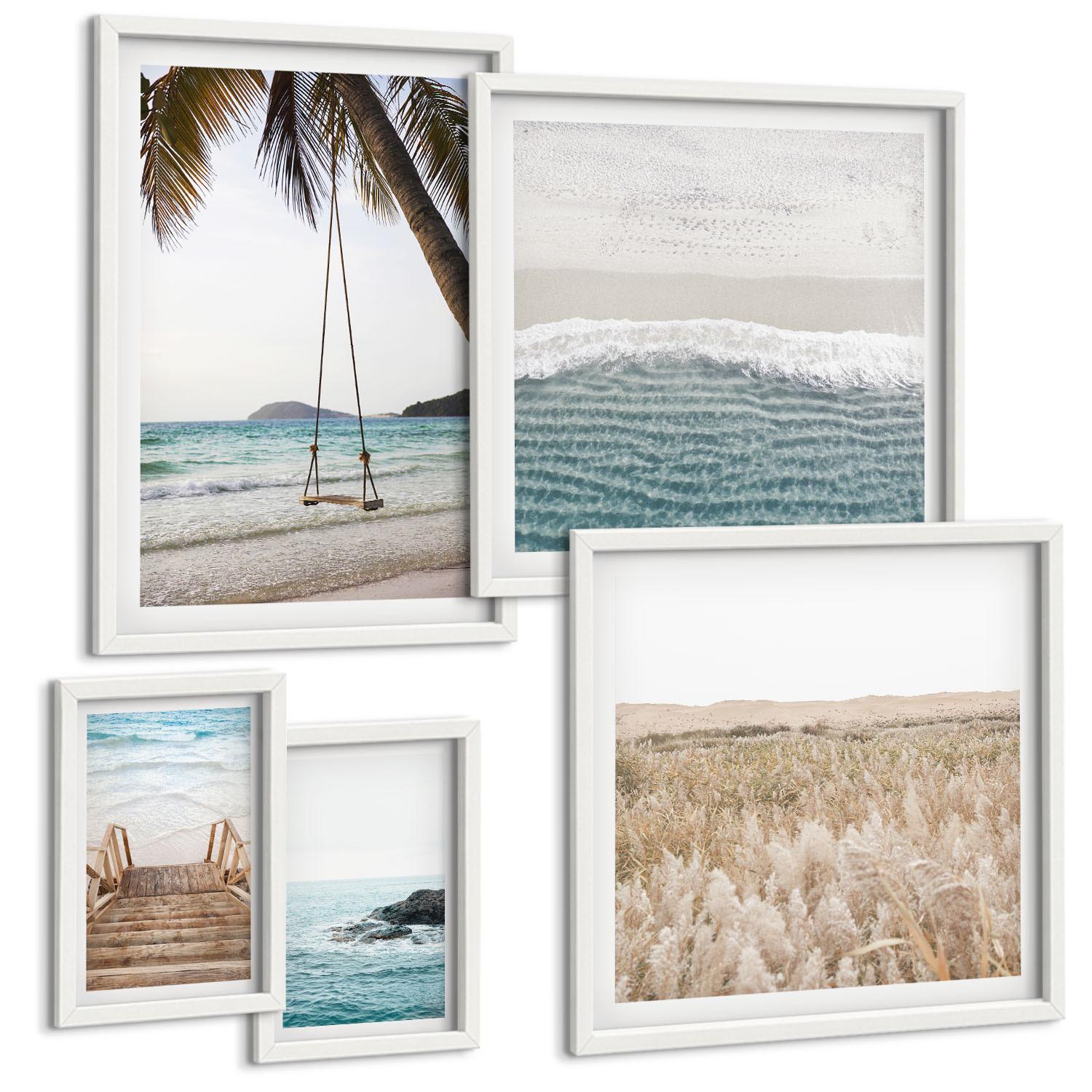 BILDER SET 5er Set - 50x50 cm & 20x30 cm & 40x60 cm Weißer Rahmen - Treppe, Strand, Meerblick, Schaukel - Weiß, Kunststoff (40/60cm) - TULUP