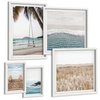 BILDER SET 5er Set - 50x50 cm & 20x30 cm & 40x60 cm Weißer Rahmen - Treppe, Strand, Meerblick, Schaukel - Weiß, Kunststoff (40/60cm) - TULUP