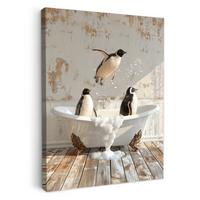 LEINWANDBILD Vintage - Pinguin - Badewanne - Schaumstoff Wandbild Wohnzimmer 50x70 cm - Schwarz, Textil (50/70cm) - MuchoWow