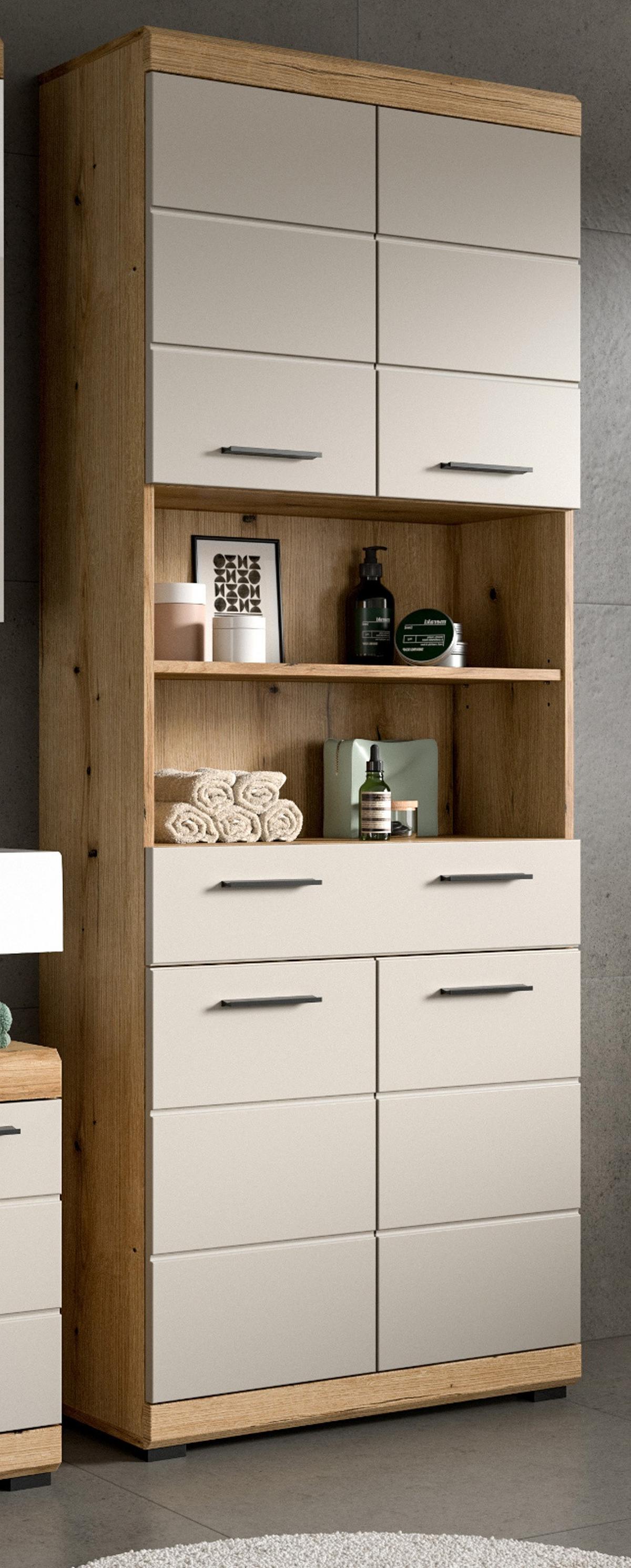HOCHSCHRANK Sand Kaschmir, Evoke Eiche, Badschrank 74 cm, 4-türig - Sandfarben/Kaschmir, Holzwerkstoff/Kunststoff (74/191/31cm) - Inn.Furn