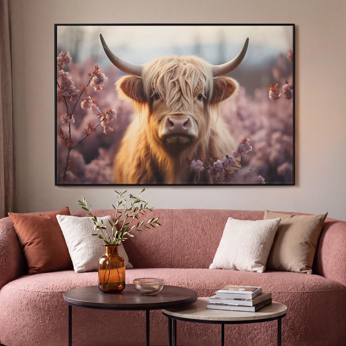 LEINWAND Bilder mit Rahmen - Schottischer Hochländer - Frühling - Hochland - 120x80 - Hellrosa, Textil (120/80cm) - MuchoWow