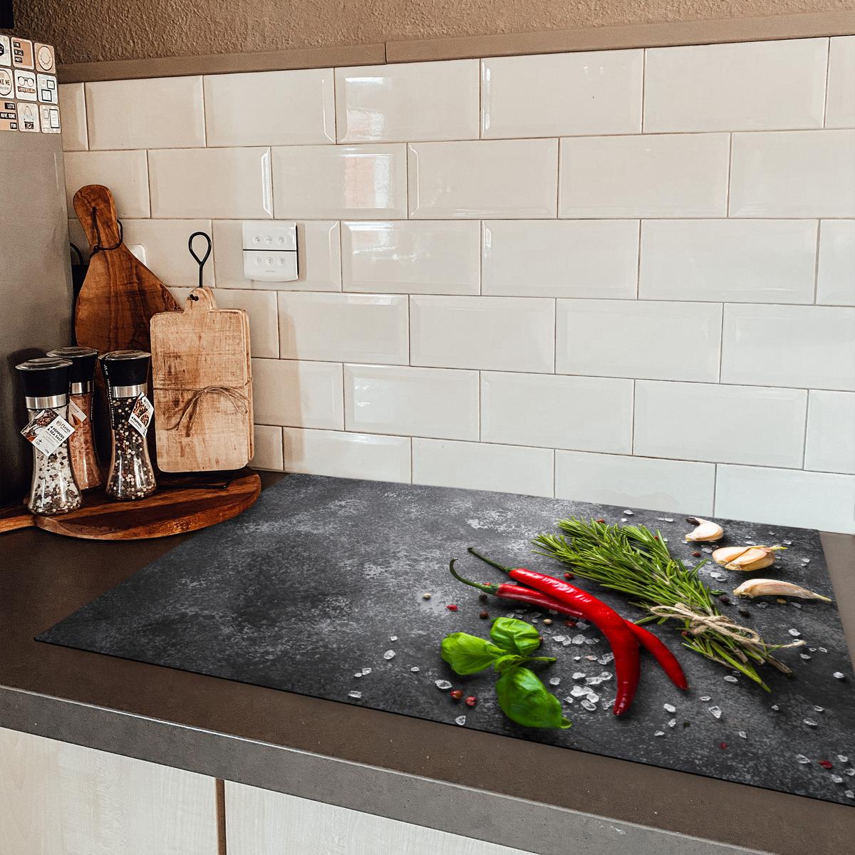 HERDABDECKPLATTE Pfeffer - Kräuter - Gewürze - Beton Ceranfeldabdeckung 80x52 cm - Rot, Kunststoff (80/52/0.2cm) - MuchoWow