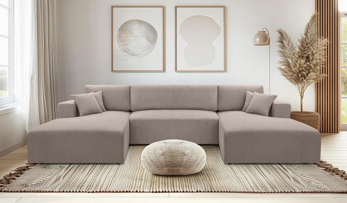 WOHNLANDSCHAFT Catea Beige 364/145/85 cm mit Schlaffunktion - Beige/Schwarz, Kunststoff/Textil (364/84/145cm) - AX Living