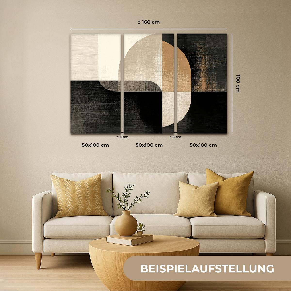 LEINWANDBILD 3er Set Formen - Abstrakt - Gold 150x100 cm - Schwarz, Textil (150/100cm) - MuchoWow