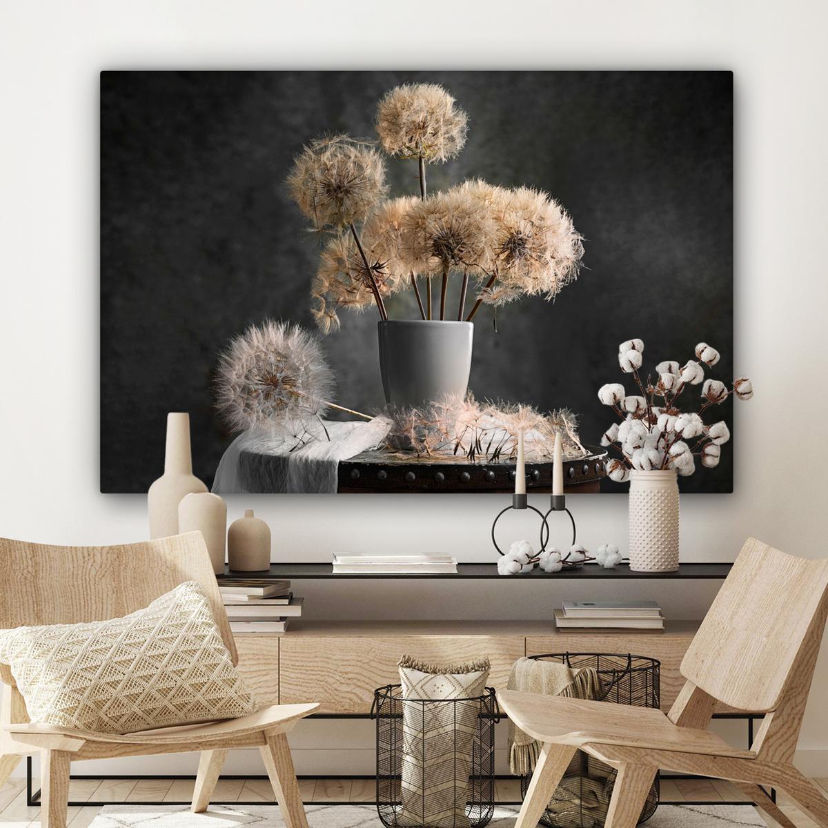 LEINWANDBILD Blumensamen - Löwenzahn - Vase - Stilleben - Blumenstrauß Wohnzimmer Groß 120x80 cm - Dunkelgrau, Textil (120/80cm) - MuchoWow