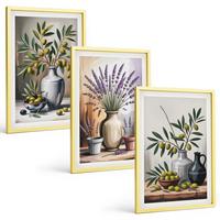 BILDER SET 3er Set - 40x60 cm Goldrahmen - Olivenblüten in Vasen im Hintergrund - Goldfarben, Kunststoff (40/60cm) - TULUP
