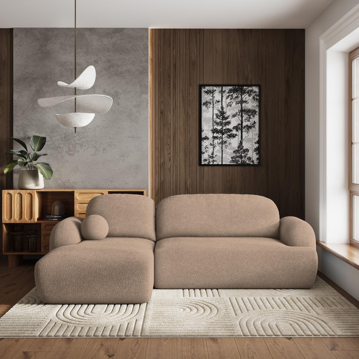 ECKSOFA MODENZA N L-S Beige Boucle-Stoff mit Schlaffunktion - Beige/Schwarz, Holz/Kunststoff (266/148cm) - MASSENO