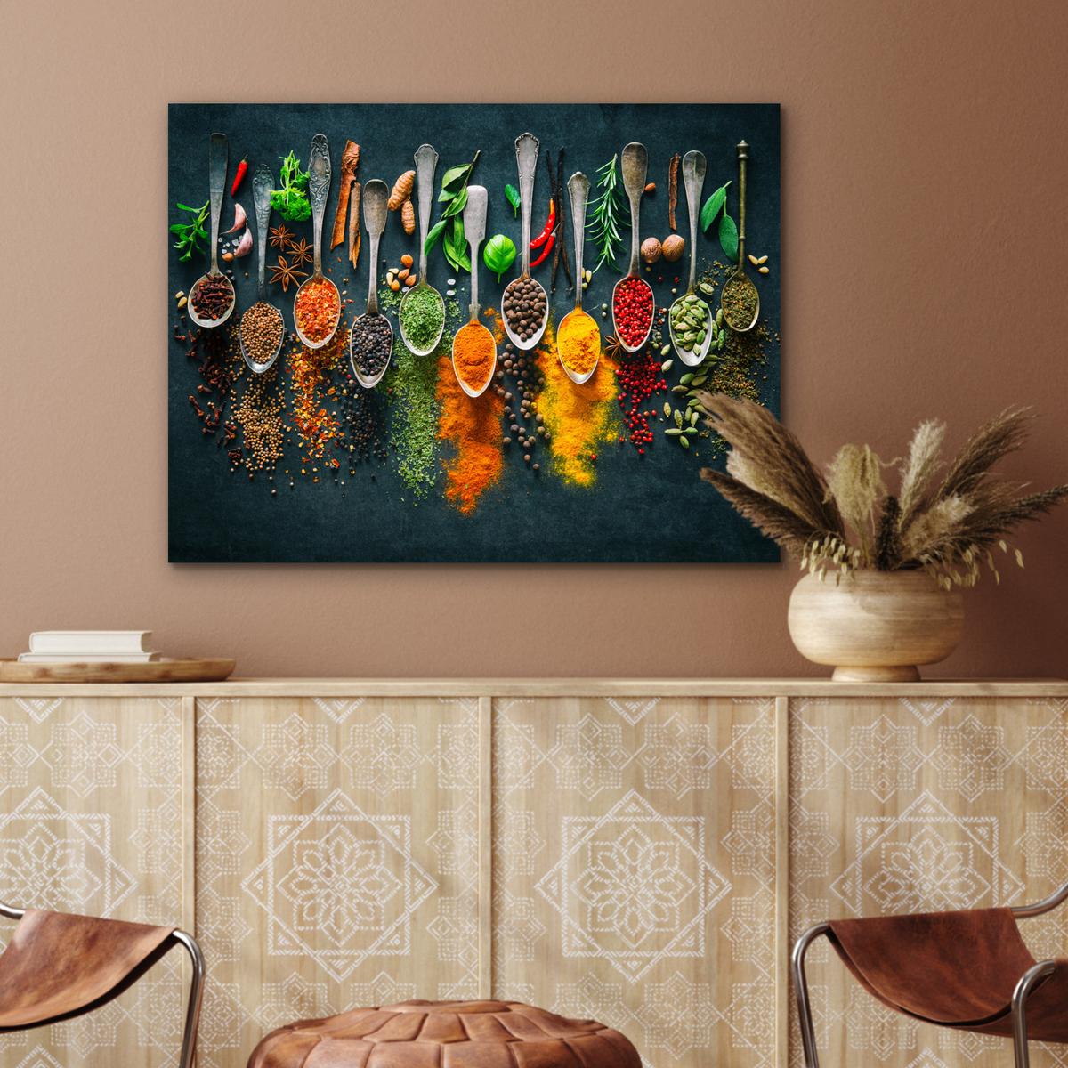 METALLBILD Kräuter - Gewürze - Löffel 80x60 cm - Currygelb, Metall (80/60cm) - MuchoWow