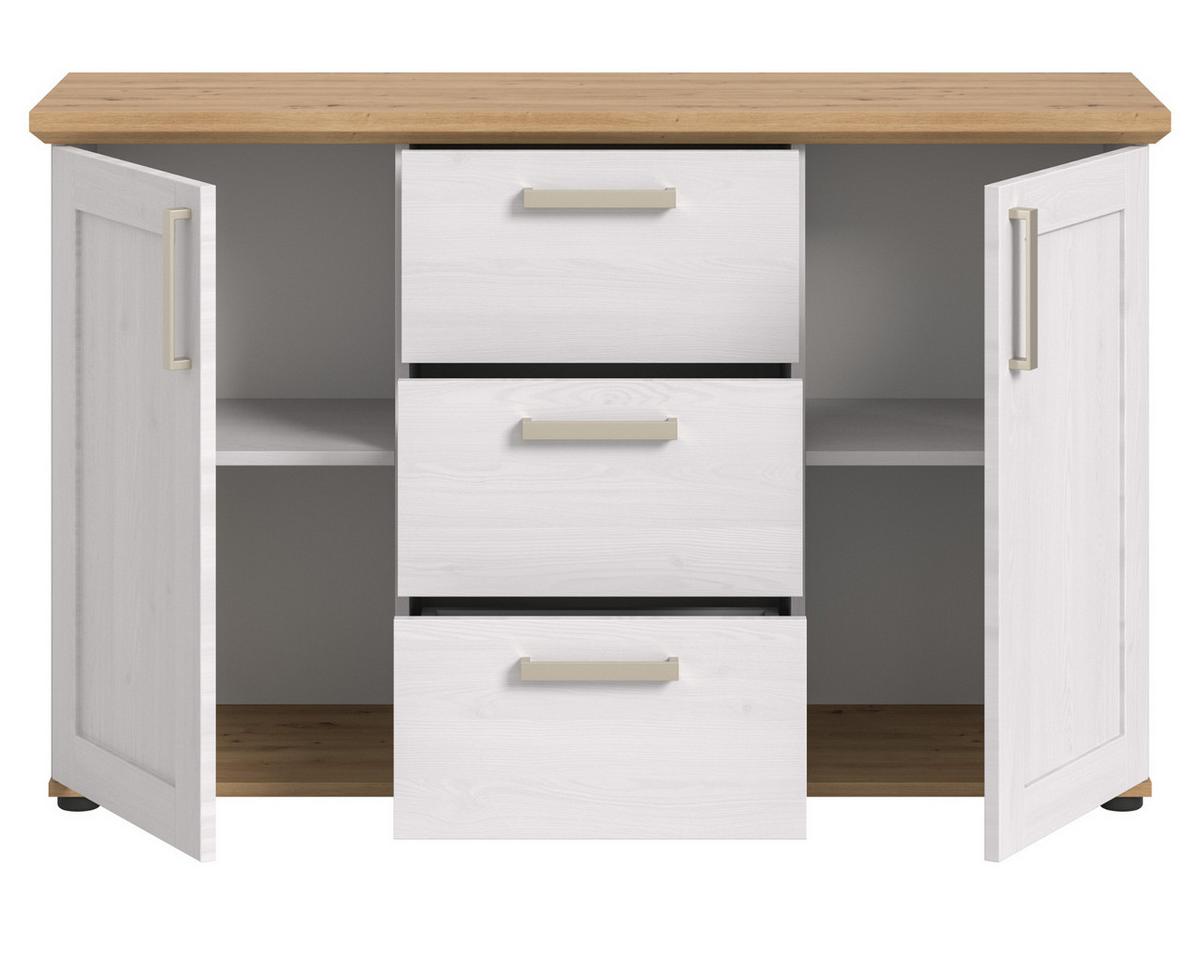 SIDEBOARD weiß Lärche, Eiche Artisan 129 cm, Kommode im Landhaus-Stil - Silberfarben/Schwarz, Holzwerkstoff/Kunststoff (129/80/40cm) - Inn.Furn