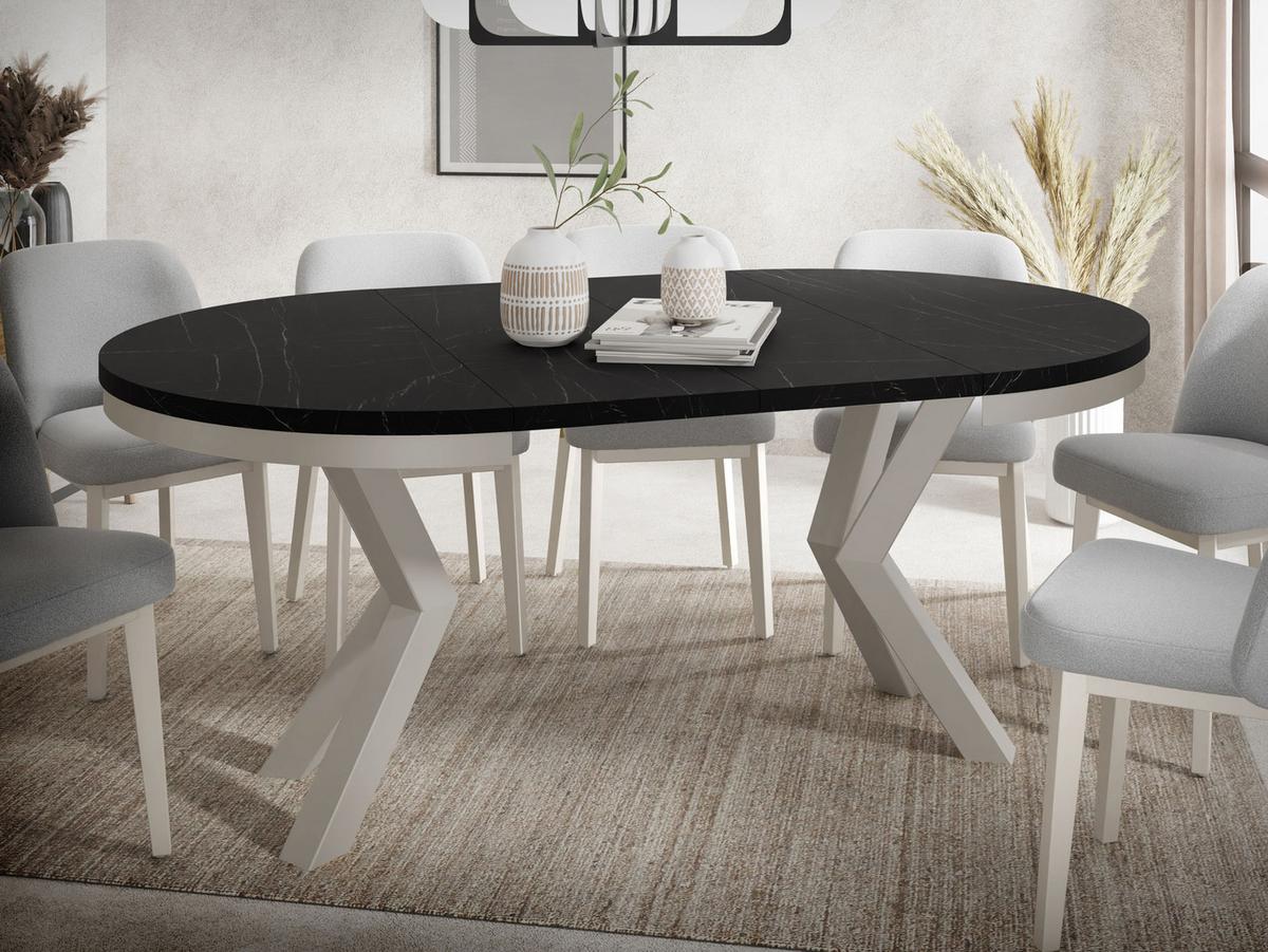 ESSTISCH Clara Grau-Beige runder ausziehbarer, Marmor Schwarz 120-200/120/76 cm - Greige/Anthrazit, Holzwerkstoff/Metall (120/196/76cm) - WFL GROUP