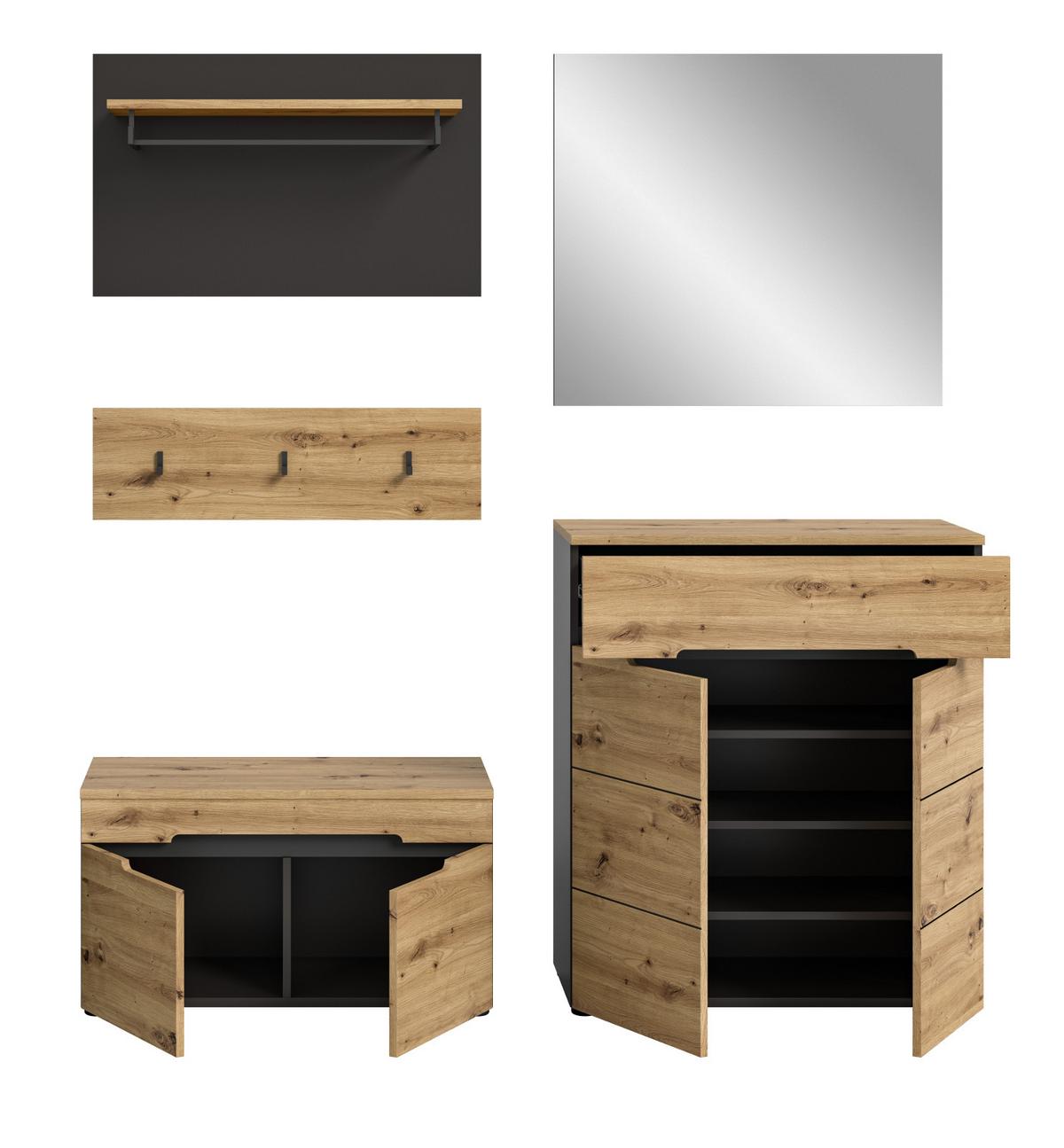 GARDEROBE Set 5-teilig Eiche Artisan grau 175 cm, mit Soft-Close - Schwarz/Eiche Artisan, Glas/Holzwerkstoff (175/190/37cm) - Inn.Furn