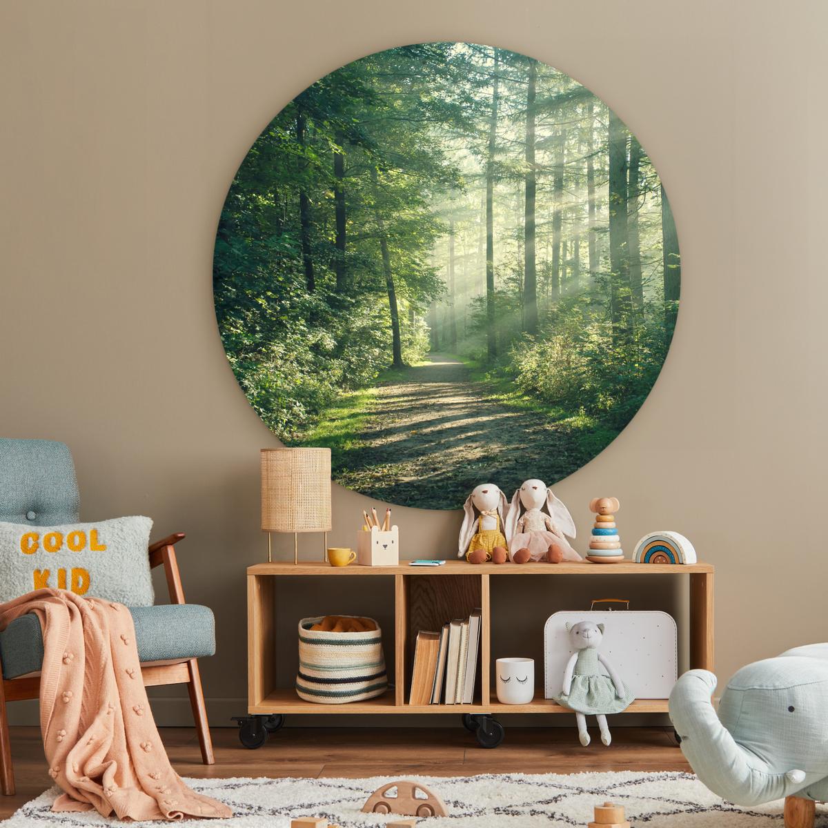 WANDBILD Wald - Weg - Sonne - Bäume - Grün - Natur Room Decor 140x140 cm - Waldgrün, Kunststoff (140/140cm) - MuchoWow