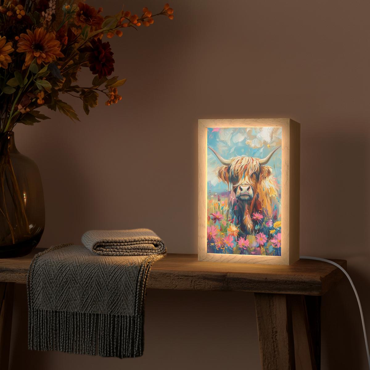 WANDLEUCHTE Schottische Hochländer - Natur - Farbenfroh - Blumen 20x30 cm - Multicolor, Holzwerkstoff (20/30/8cm) - OnlyWow