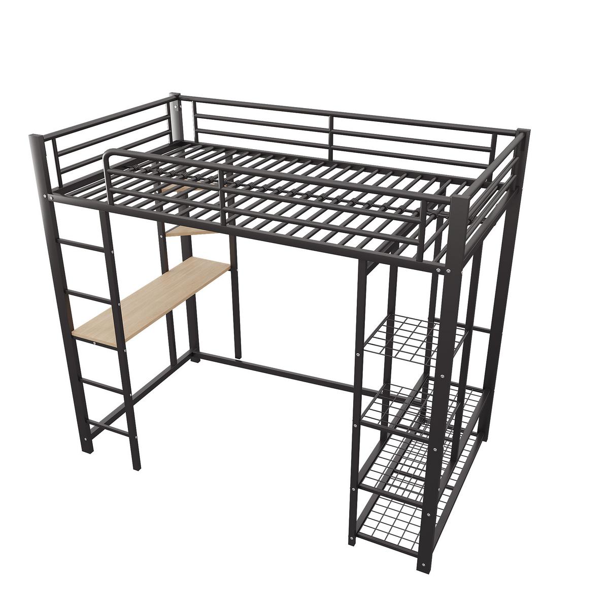 HOCHBETT mit Schreibtisch, Regalen und Stauraum - Schwarz, Holzwerkstoff/Metall - Urban Meuble