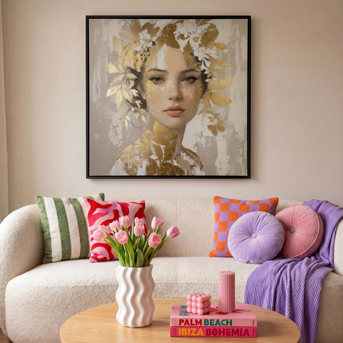 LEINWAND Bilder mit Rahmen - Gesicht - Frau - Blätter - Gold - 90x90 - Beige, Textil (90/90cm) - MuchoWow