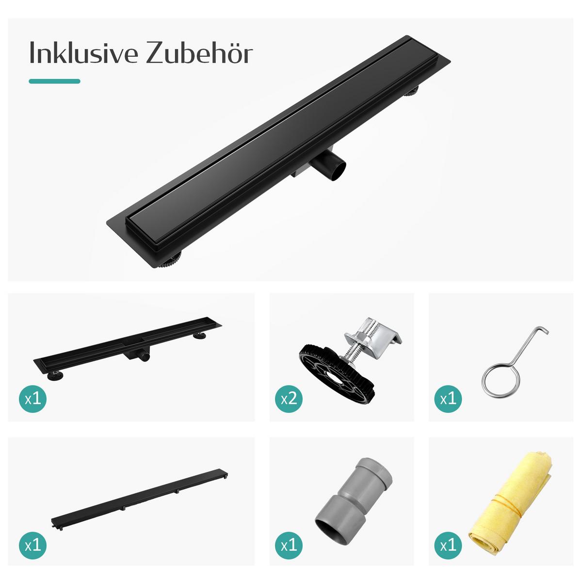DUSCHRINNE Edelstahl Schwarz 60/11 cm - Schwarz, Metall (11/8/70cm) - EMKE