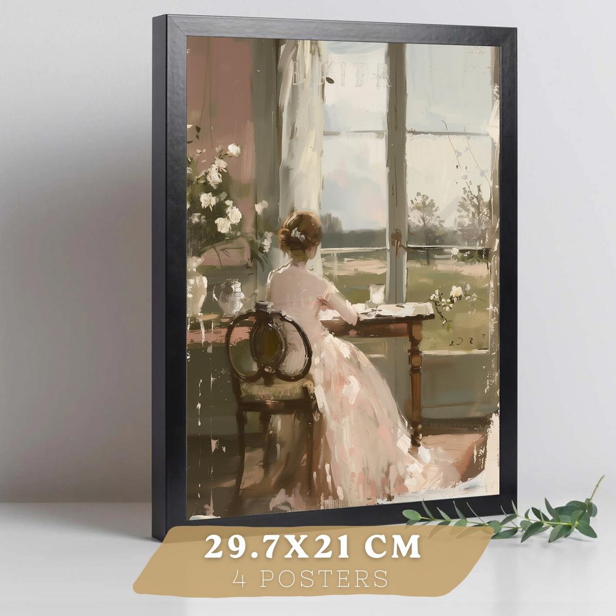 POSTER 4er Bilder-Set Wandbilder Rosen Ölmalerei modern Wohnzimmer Deko, Schlafzimmer, Küche, Badezimmer Schwarzer Rahmen A3 - Schwarz, Papier (29.7/1/42cm) - Nacnic