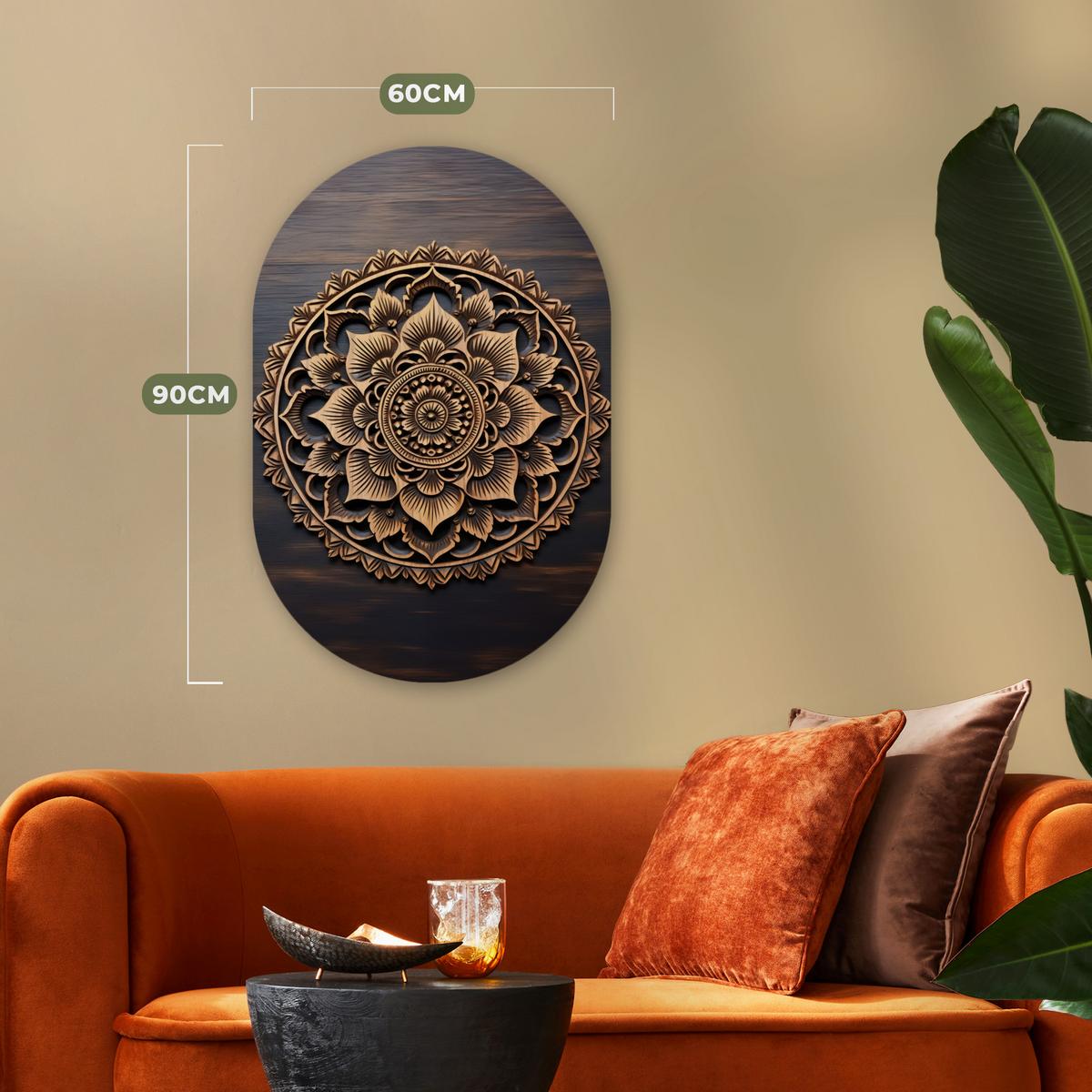 WANDBILD Mandala - Holz - Blumen - Braun Wanddeko Schlafzimmer 60x90 cm - Gelb, Kunststoff (60/90cm) - MuchoWow