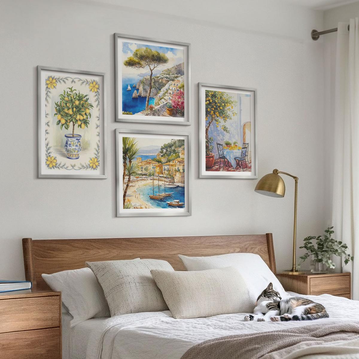 BILDER SET 4er Set - 50x50 cm & 40x60 cm Silberner Rahmen - Blick auf das Meer aus Zitronenbäumen - Silberfarben, Kunststoff (50/50cm) - TULUP