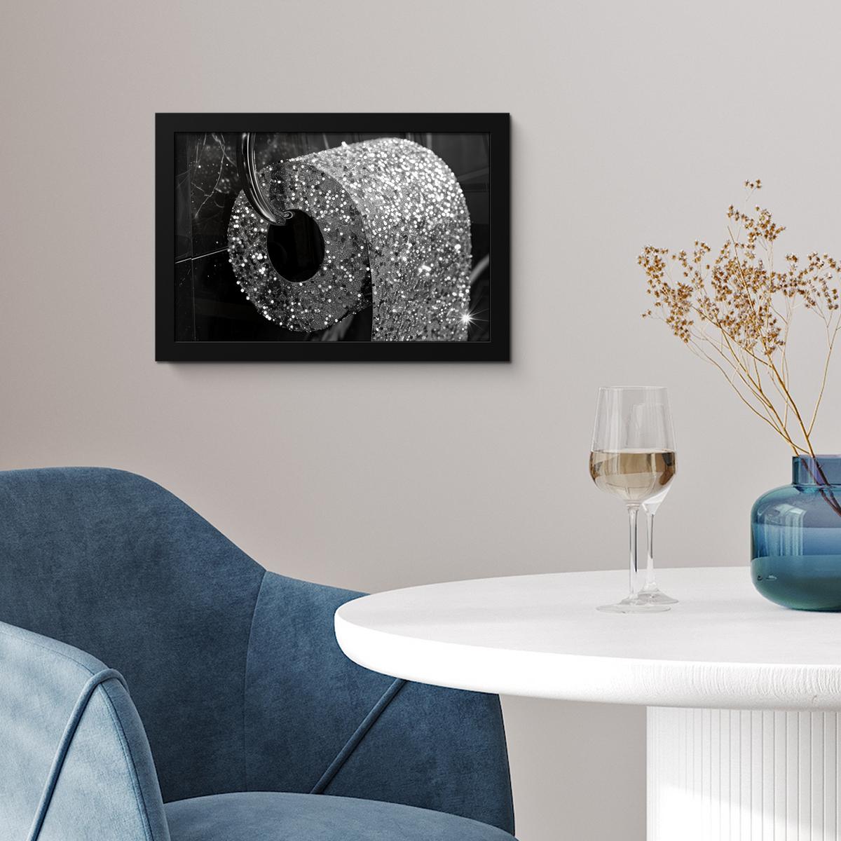 POSTER MIT RAHMENGERAHMTES BILD WC - Toilettenpapier - Schwarz und weiß - Glitter 30x20 cm - Silberfarben, Papier (30/20cm) - MuchoWow