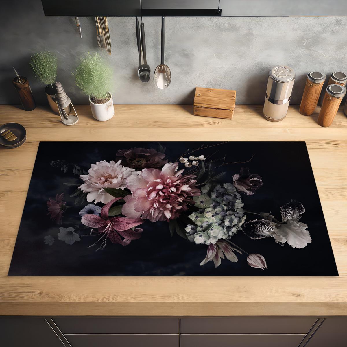 HERDABDECKPLATTE Blumen - Vintage - Pastell - Rosa - Weiß Induktionsschutz 89.6x51.6 cm - Altrosa, Kunststoff (89.6/51.6/0.2cm) - MuchoWow
