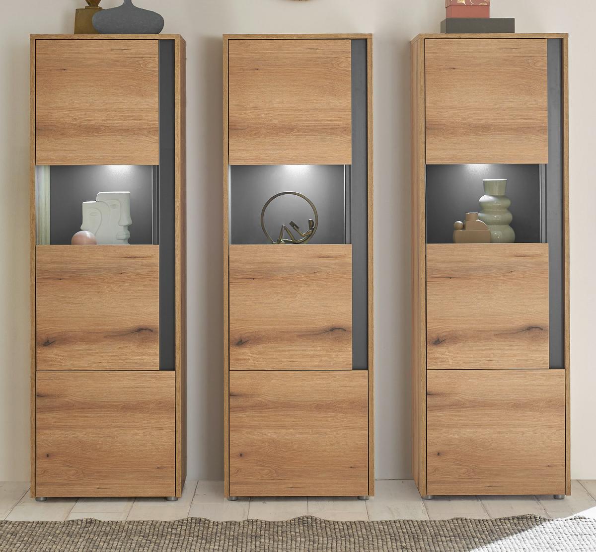 SCHRANK-SET 3-teilig Evoke Eiche, grau, Wohnkombination mit 3 x Vitrine - Eichefarben/Grau, Glas/Holzwerkstoff (190/155/40cm) - Furn.Design