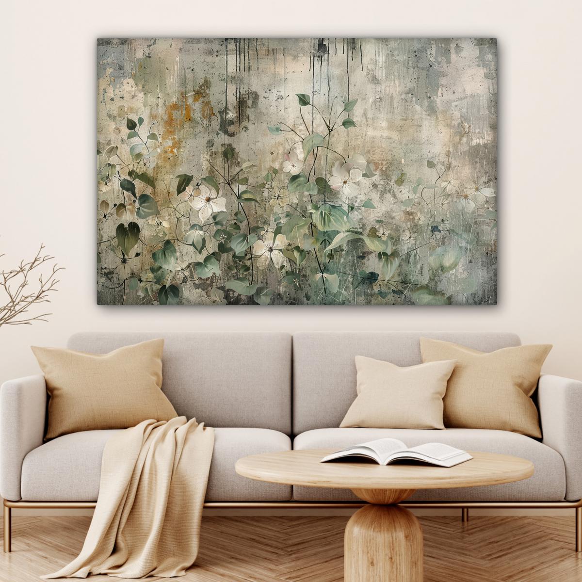 LEINWANDBILD Blumen - Blätter - Abstrakt - Modern Wohnzimmer Groß 120x80 cm - Grau, Textil (120/80cm) - MuchoWow