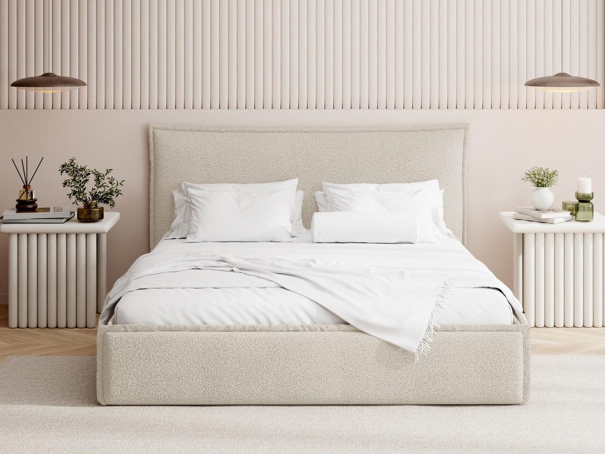 POLSTERBETT Pillow mit Bettkasten, Metall-Lattenrost und hohem Kopfteil - Beige Bouclé 120x200 cm - Beige/Birkefarben, Holz/Kunststoff (120/200cm) - WFL GROUP