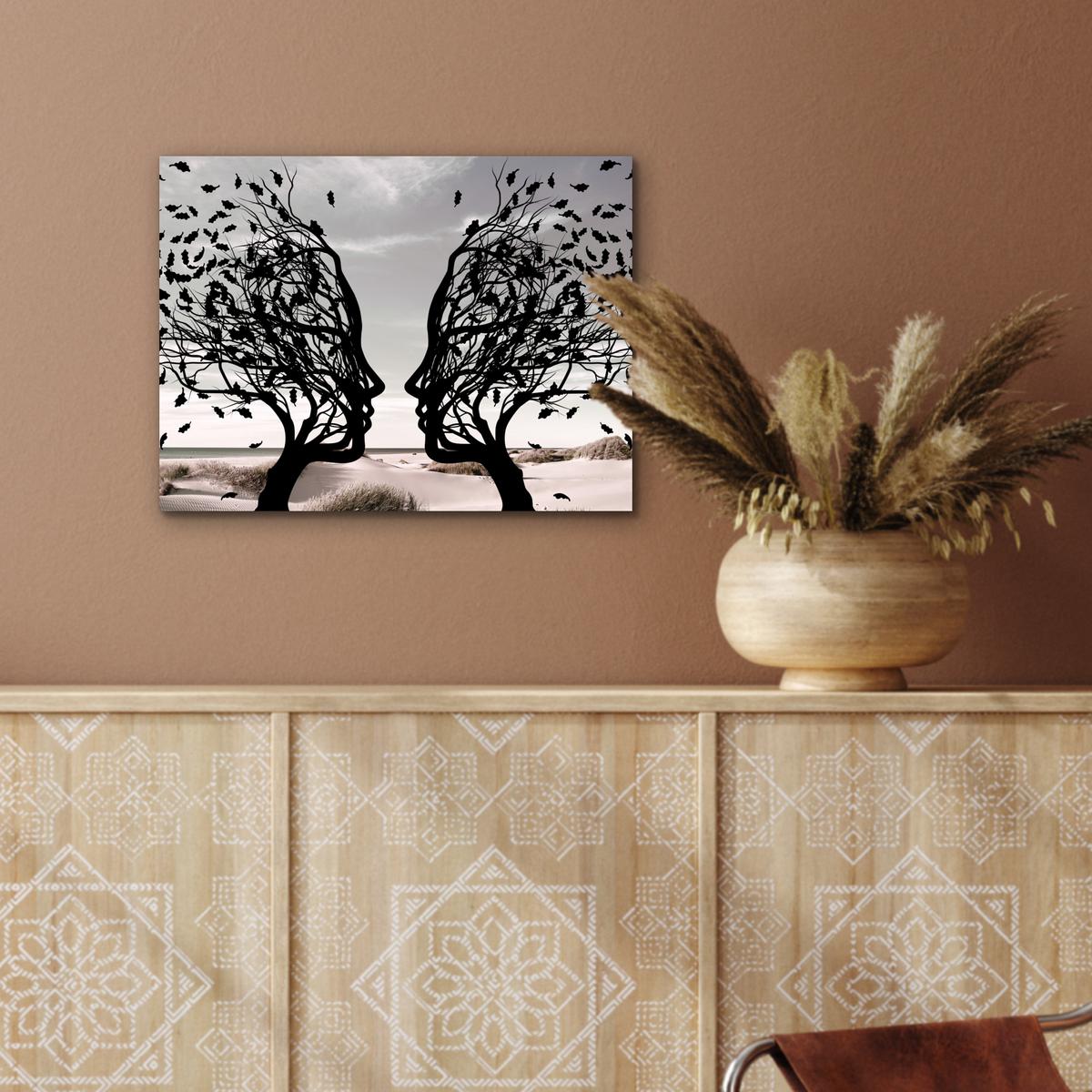 METALLBILD Strand - Meer - Menschen - Baum - Moderne Kunst 40x30 cm - Hellgrau, Metall (40/30cm) - MuchoWow