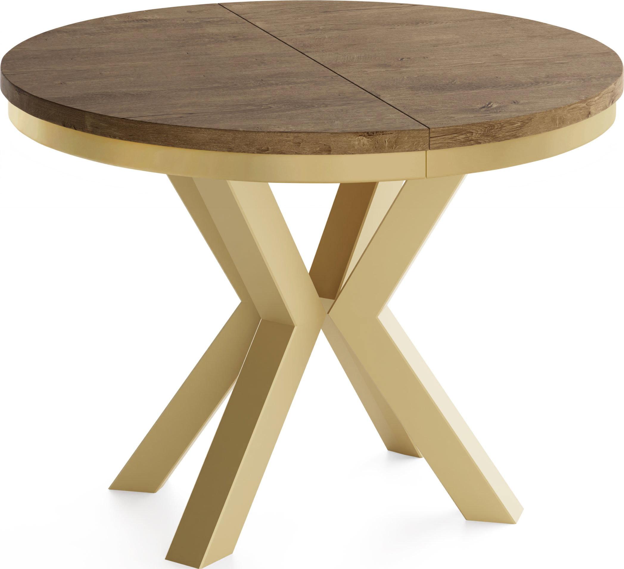ESSTISCH Clara Gold runder ausziehbarer, Lefkas Eiche 120-200/120/76 cm - Alteiche/Goldfarben, Holzwerkstoff/Metall (120/196/76cm) - WFL GROUP