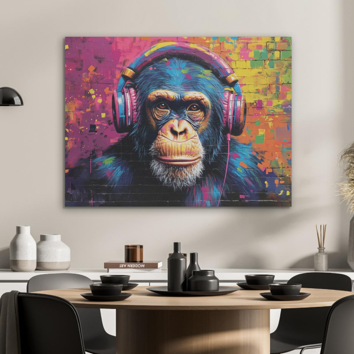 AKUSTIKBILD Graffiti - Schimpanse - Straßenkunst - Kopfhörer - Affe Gemälde 80x60 cm - Blau, Kunststoff (80/60/0.9cm) - MuchoWow