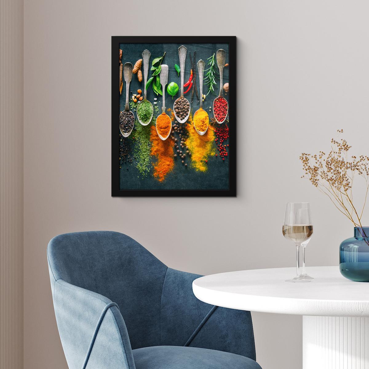 POSTER MIT RAHMENGERAHMTES BILD Kräuter - Gewürze - Löffel Bilderrahmen 30x40 cm - Currygelb, Papier (30/40cm) - MuchoWow