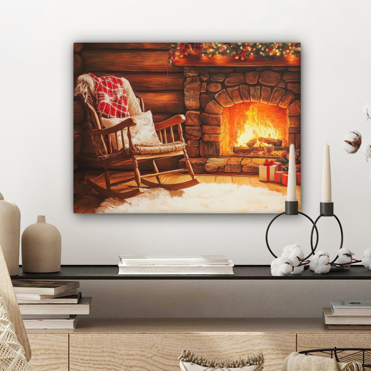 LEINWANDBILD Winter - Weihnachten - Zuhause - Kamin Wandbild 40x30 cm - Bernsteinfarben, Textil (40/30cm) - MuchoWow