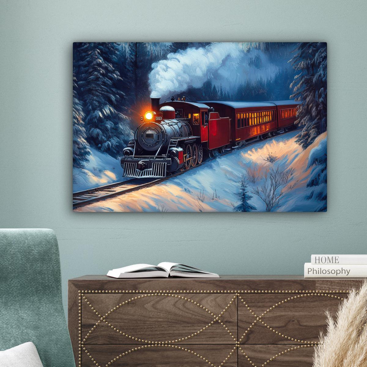 LEINWANDBILD Zug - Weihnachten - Schnee - Weihnachtszug Wanddeko 90x60 cm - Anthrazit, Textil (90/60cm) - MuchoWow