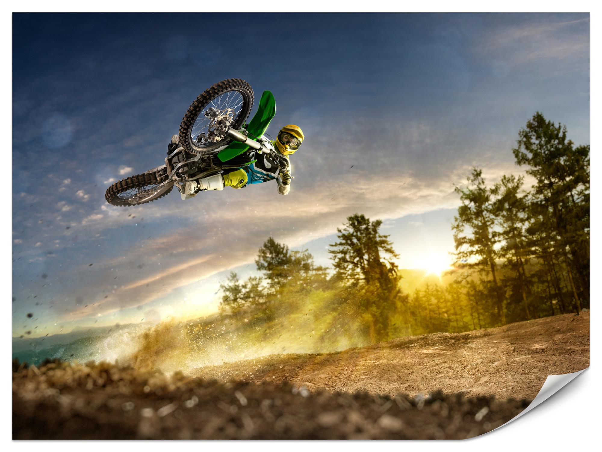 FOTOTAPETE für Jugendzimmer Motocross Sprung Berge Bäume 100x70 - Gelb/Beige, Papier (100/70cm) - Muralo