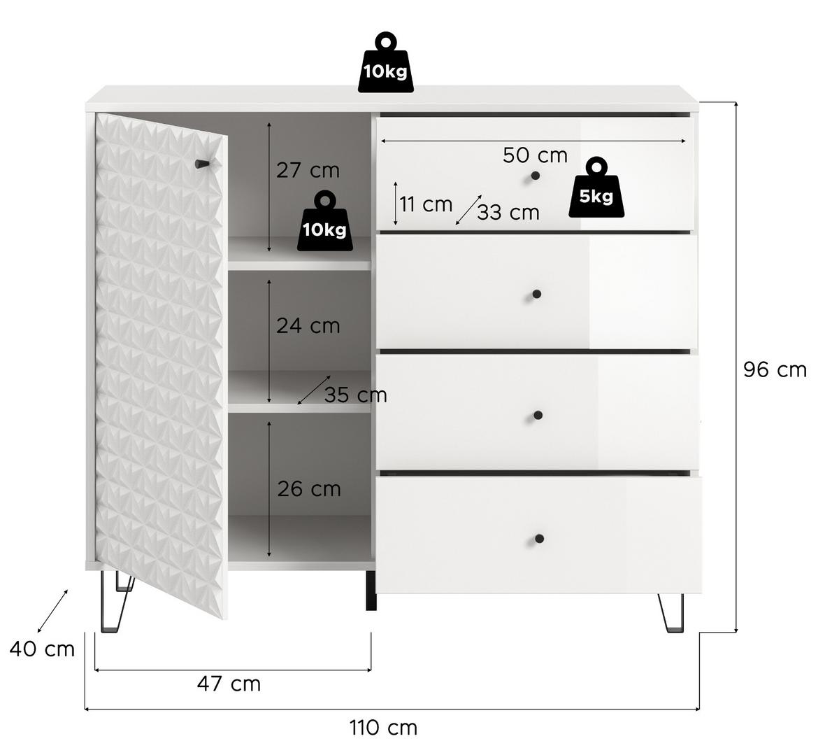 KOMMODE weiß Hochglanz 110 x 96 cm, Sideboard mit 3D-Struktur - Weiß Hochglanz/Schwarz, Holzwerkstoff/Kunststoff (110/96/40cm) - Inn.Furn