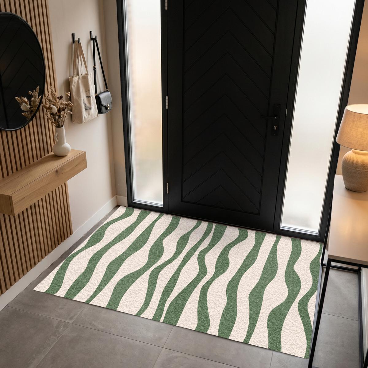 FUSSMATTE Wellenlinien - Beige - Grün - Streifen - Abstrakt Fußabtreter 180x120 cm - Dunkelgrün, Kunststoff (180/0.4cm) - MuchoWow