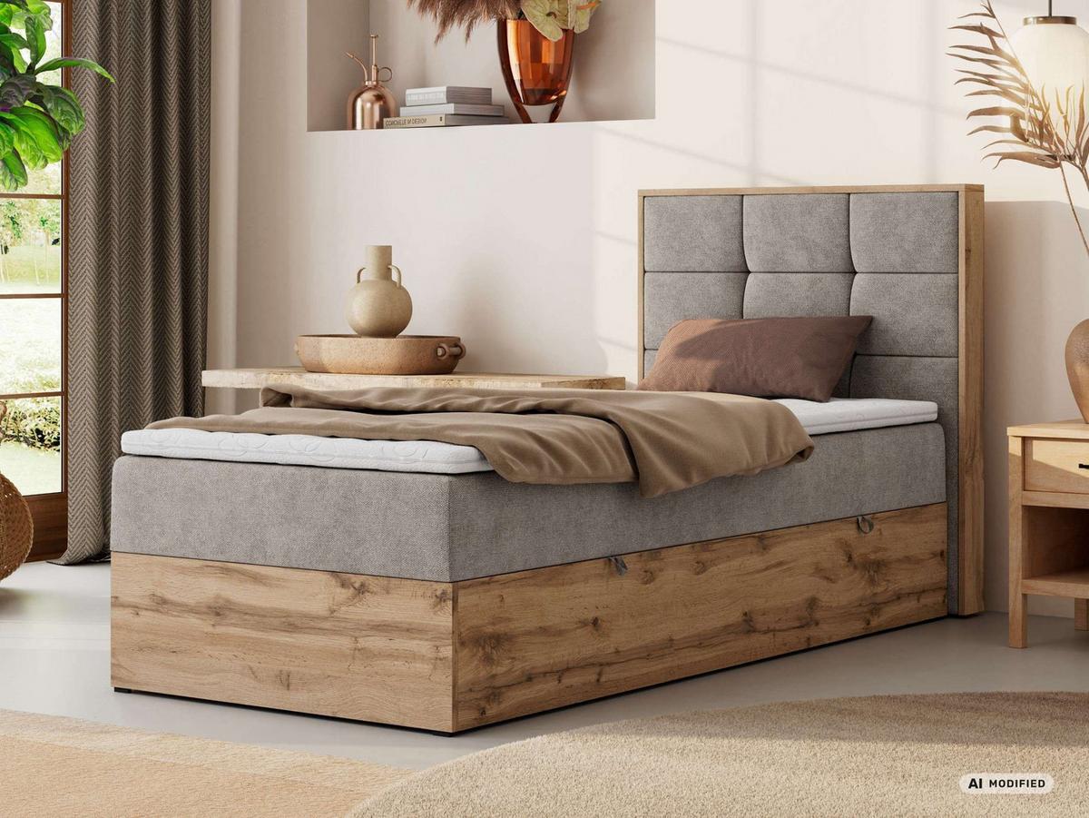 BOXBETT ALBERO 1 90/200 - Greige Stukture - Topper Visco - H3 - Rechts - Greige/Schwarz, Kunststoff/Textil (90/200cm) - MKS