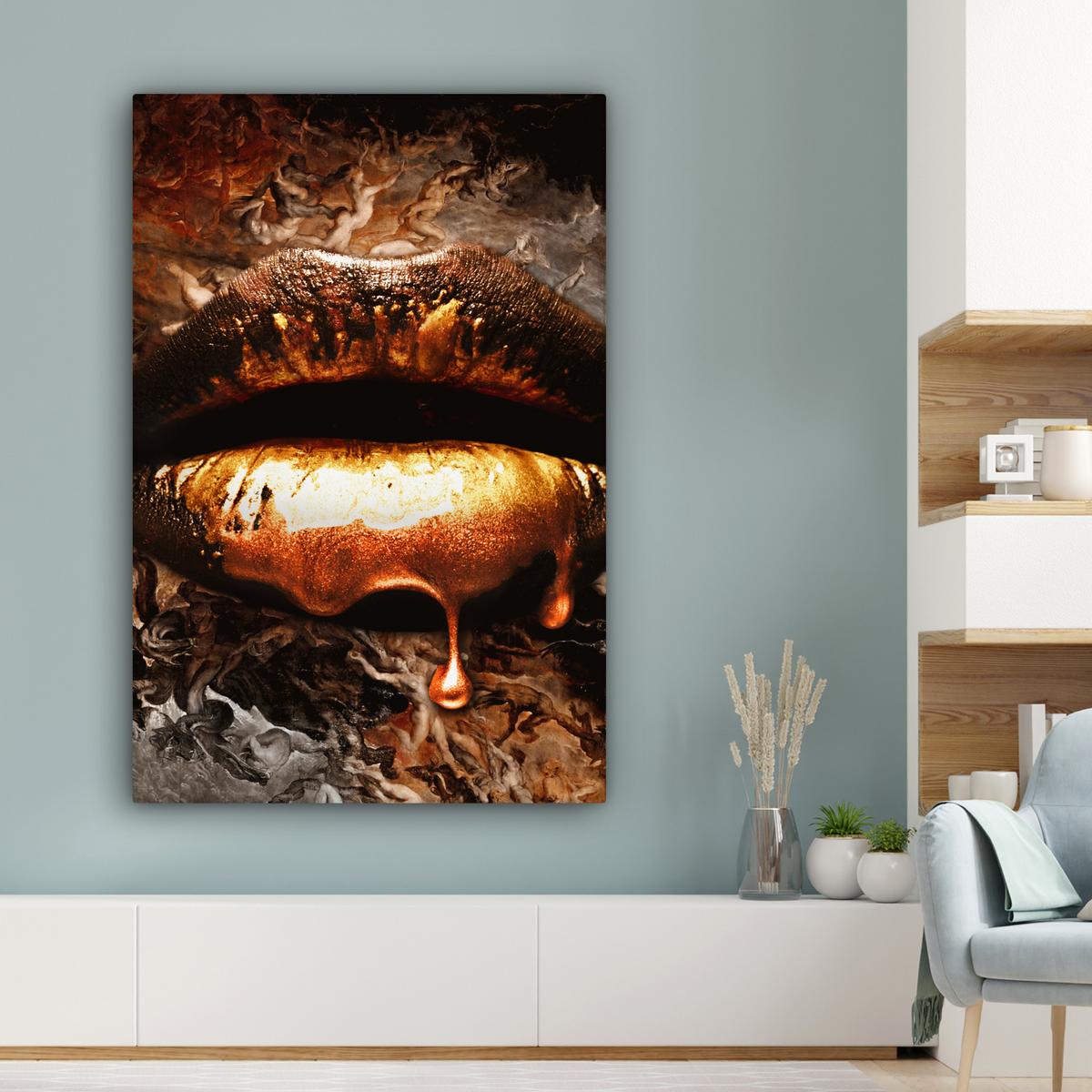 LEINWANDBILD Gold - Lippen - Kunst - Gold - Luxus - Abstrakt Deko XXL 80x120 cm - Kupferfarben, Textil (80/120cm) - MuchoWow