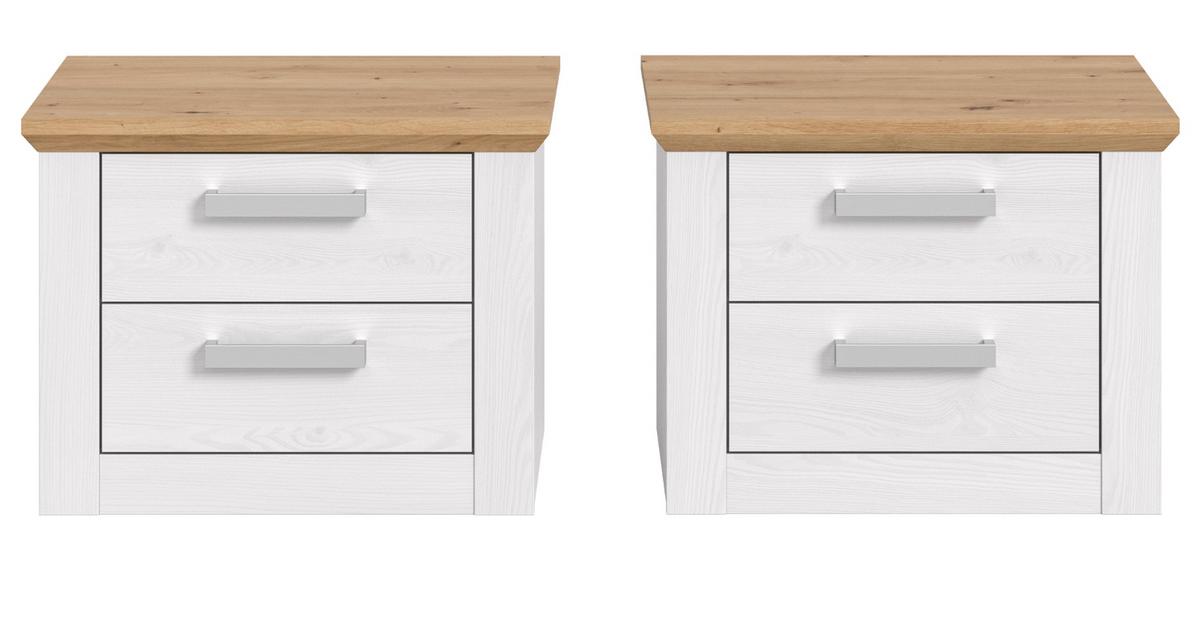 NACHTTISCH 2er Set weiß Lärche, Eiche Artisan Landhaus 56 x 43 cm, 2x Nachtkommode mit Schubkästen - Eichefarben/Silberfarben, Holzwerkstoff/Kunststoff (56/43/39cm) - Inn.Furn