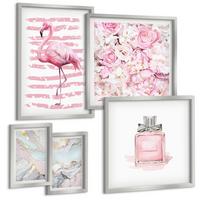 BILDER SET 5er Set - 50x50 cm & 20x30 cm & 40x60 cm Silberner Rahmen - Rosa Blumen Marmor Pastell - Silberfarben, Kunststoff (40/60cm) - TULUP
