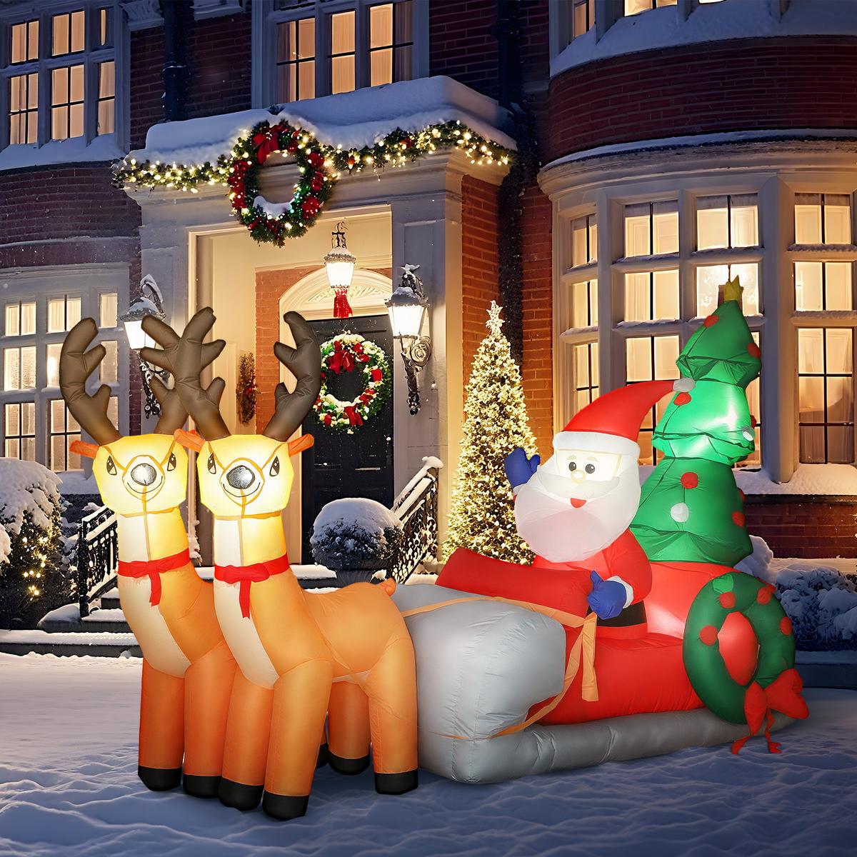216 cm Aufblasbarer Weihnachtsmann auf Schlitten mit 2 Rentier mit LED-Lichtern - Multicolor, Textil (90/150/216cm) - Outsunny