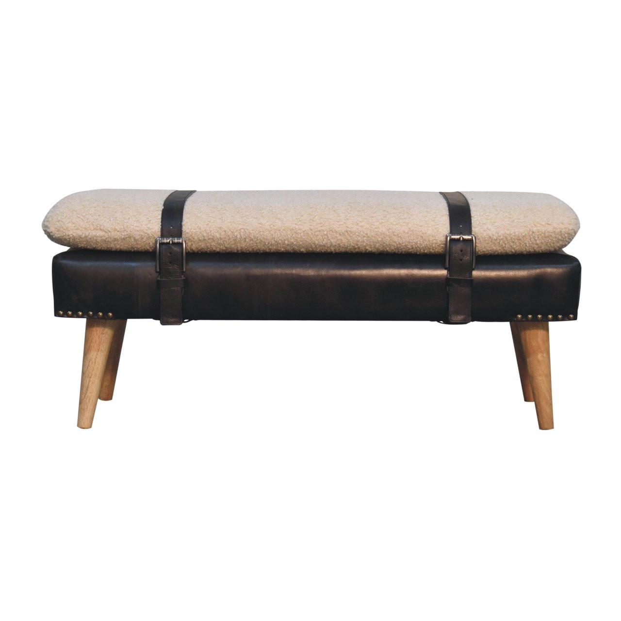 BANK Bouclé Büffelleder Schwarz, Gürtelriemen-Design, Braun - Braun, Holz (90/40/35cm) - Artisan Furniture